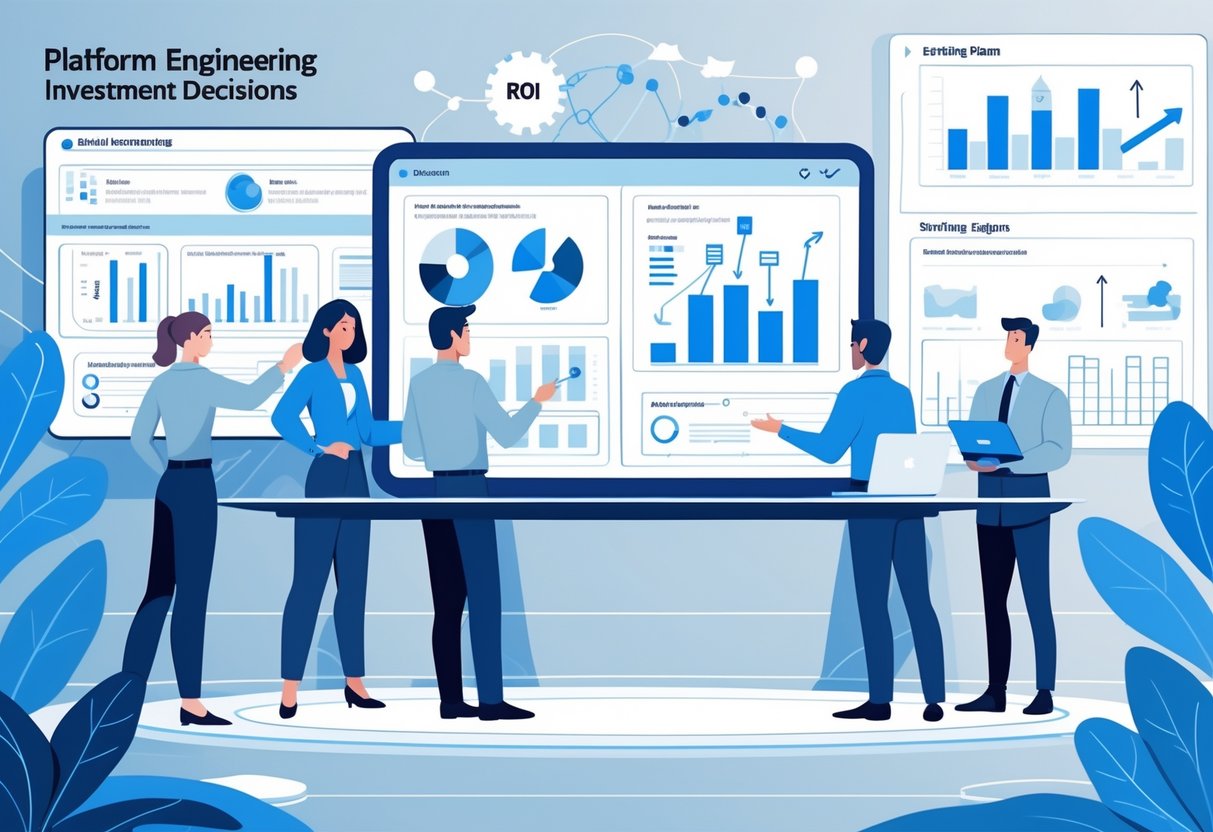 A group of professionals collaborating around a digital table with charts and diagrams about platform engineering decisions in a modern office setting.