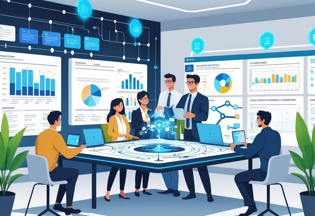 A group of engineers and managers collaborating around a digital table with platform architecture diagrams and data, discussing staffing and ROI in a modern office.