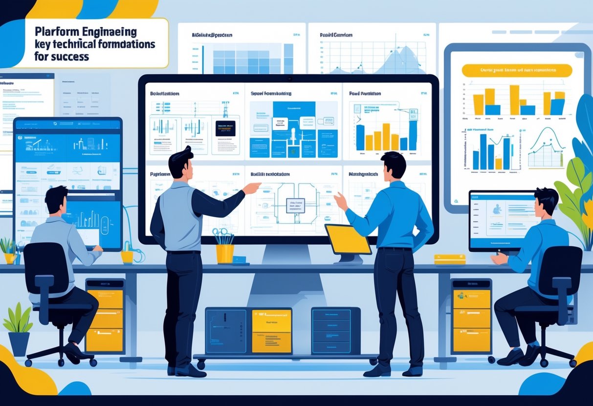 Engineers collaborating around a digital touchscreen table displaying platform architecture diagrams and charts in a modern office setting.