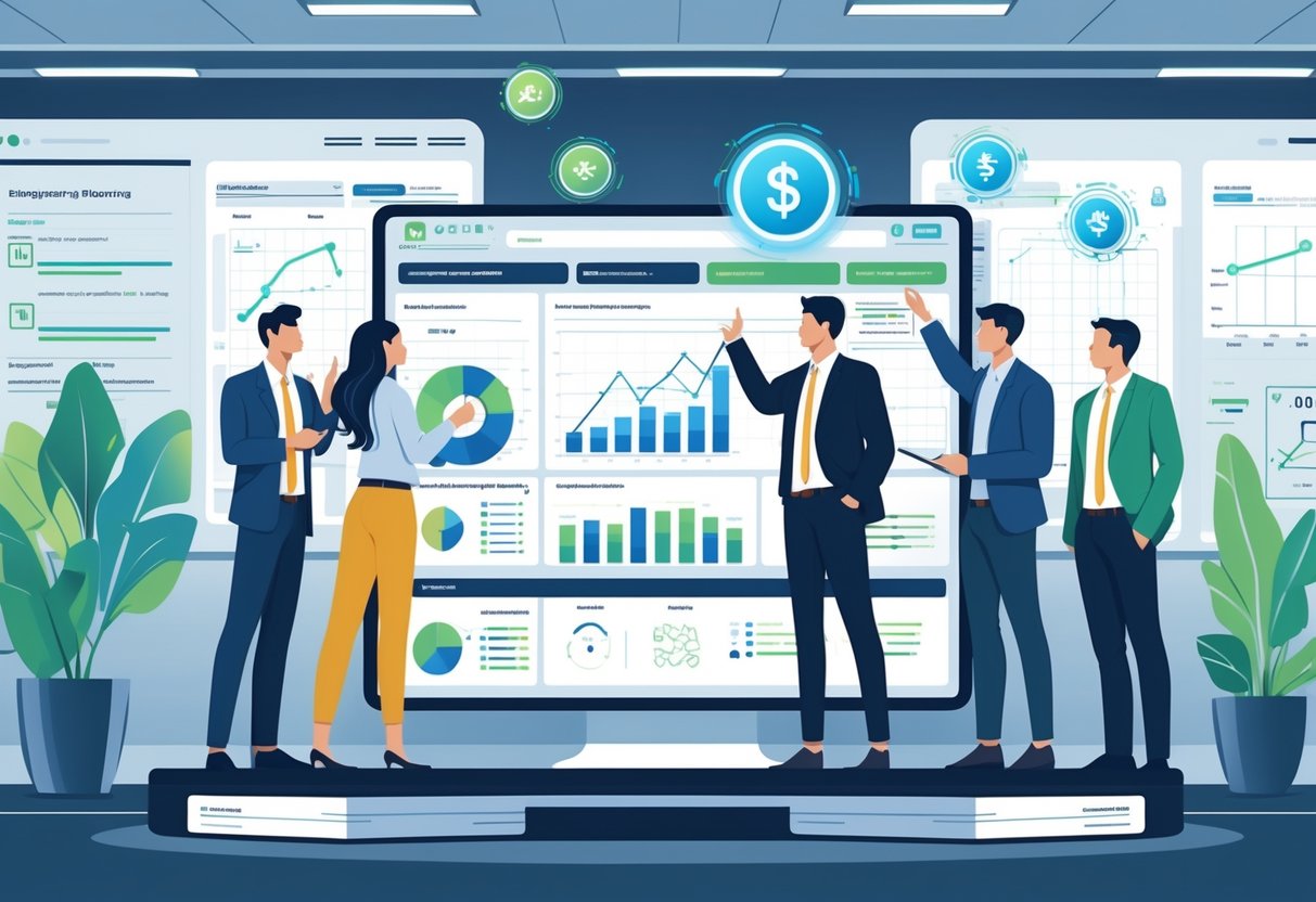 A group of professionals collaborating around a digital table displaying charts and diagrams about ROI and platform engineering in a modern office setting.