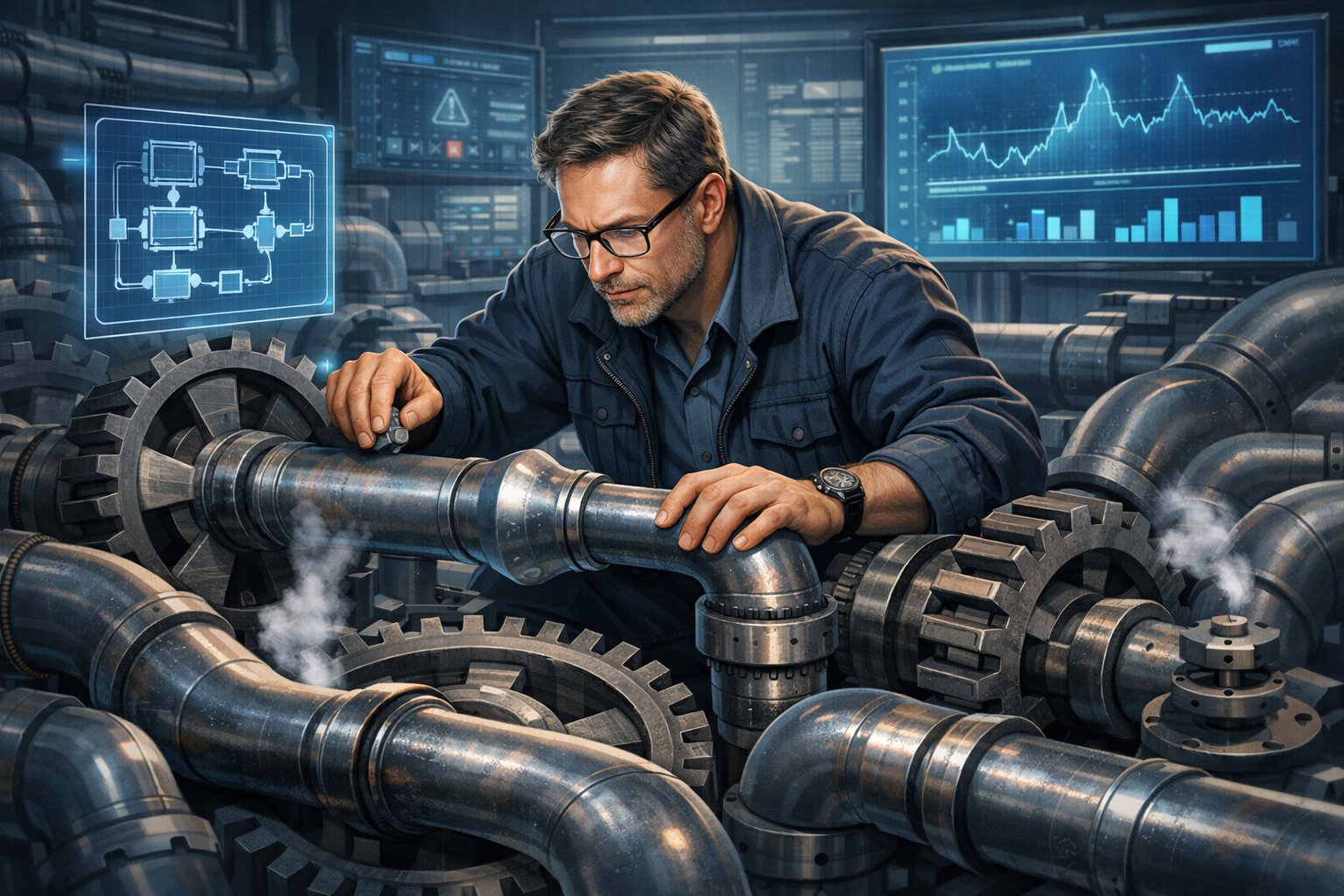 An engineer adjusting interconnected gears and pipelines in a complex technical system inside a control room filled with screens and data displays.