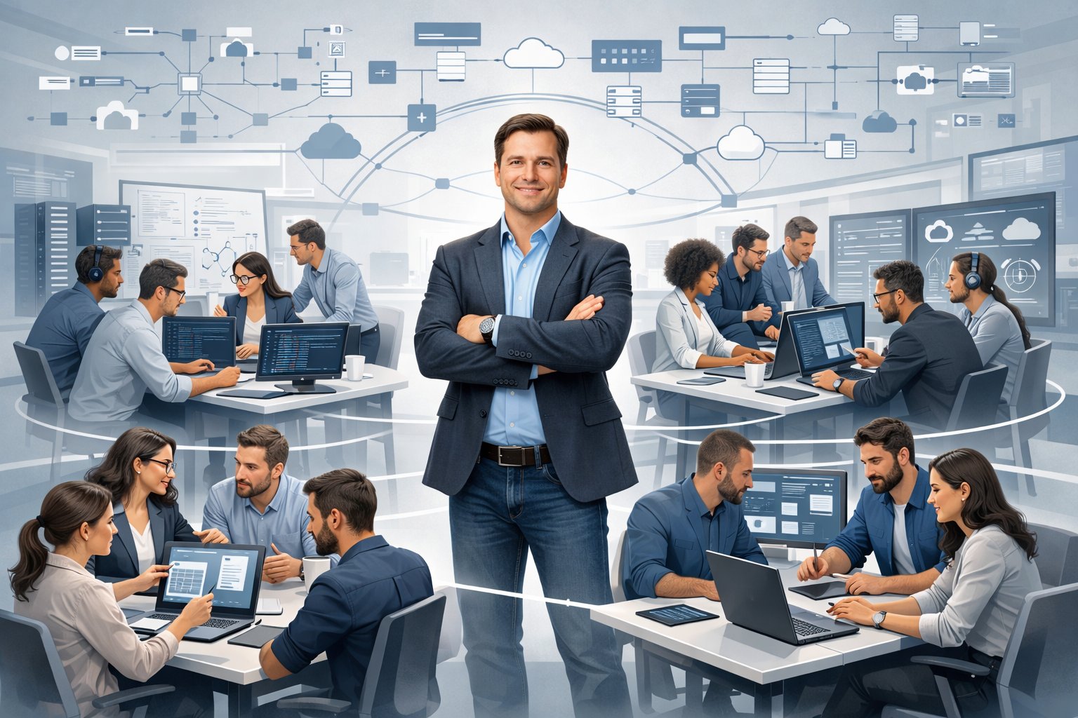 A Principal Engineer coordinating several teams working together in a modern office with laptops, whiteboards, and flowcharts showing collaboration and workflow.