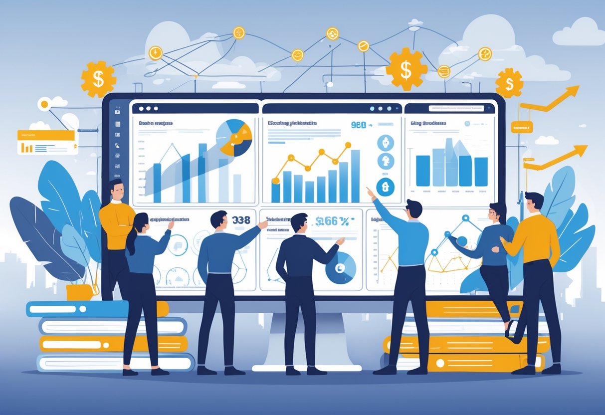A team of engineers collaborating around a digital dashboard showing charts and graphs that connect engineering work to business results in a modern office.