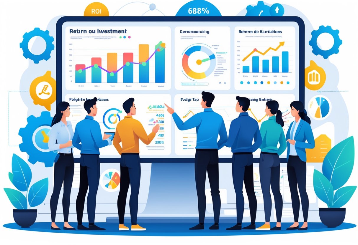 A diverse engineering team collaborating around a digital screen showing graphs and charts, discussing business impact and teamwork in a modern office.