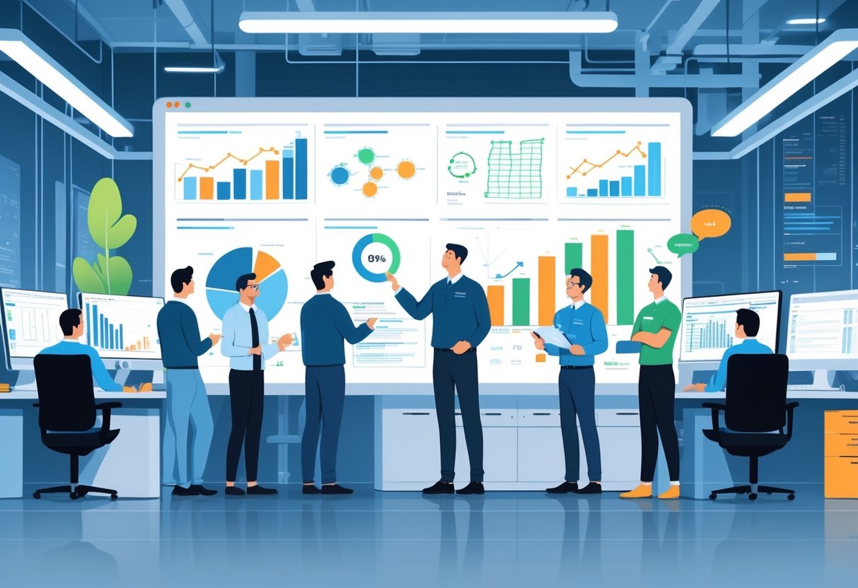 A team of engineers collaborating around a digital screen showing graphs and data in a modern office setting.