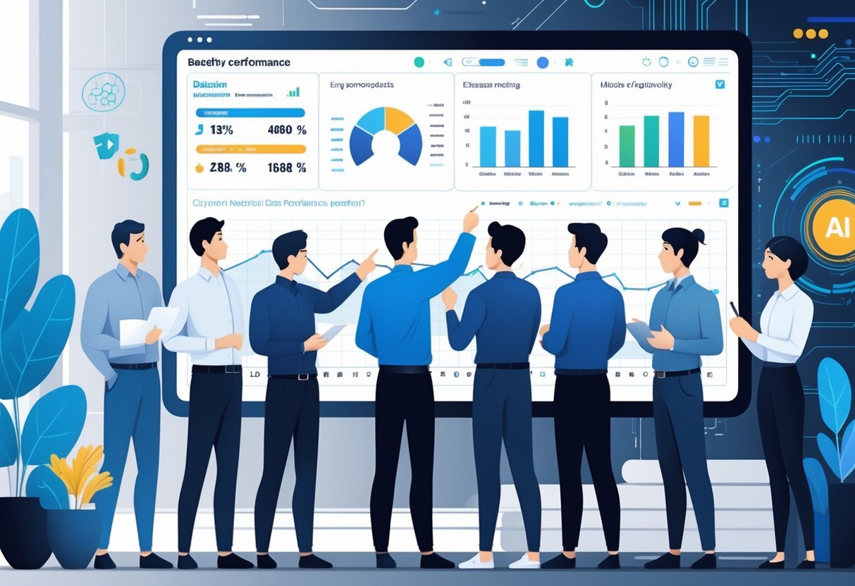 A group of engineers in an office reviewing performance charts and graphs on a digital dashboard before adopting AI tools.
