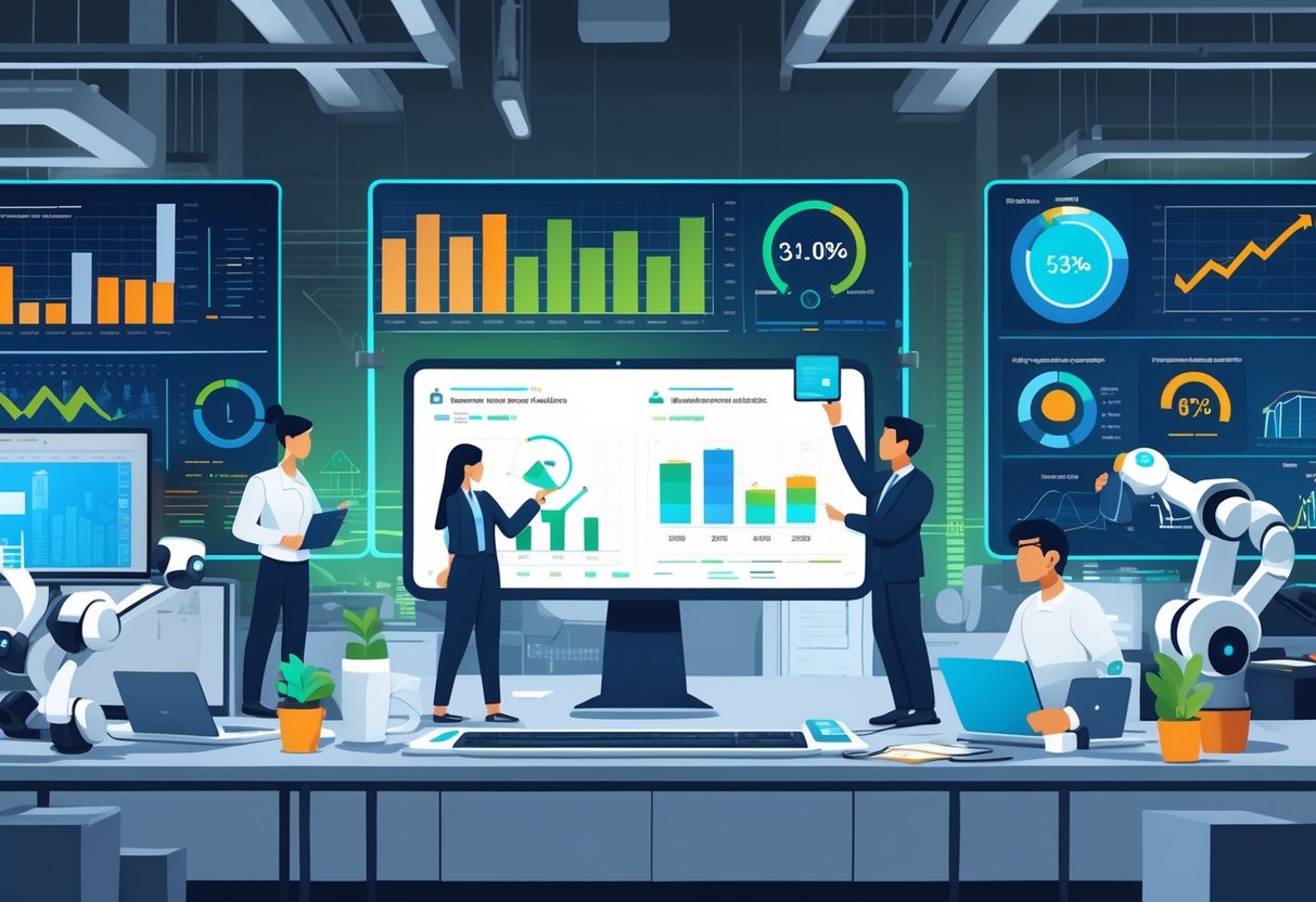 Engineers collaborating in a modern office with digital screens displaying charts and data visualizations about AI impact and productivity.