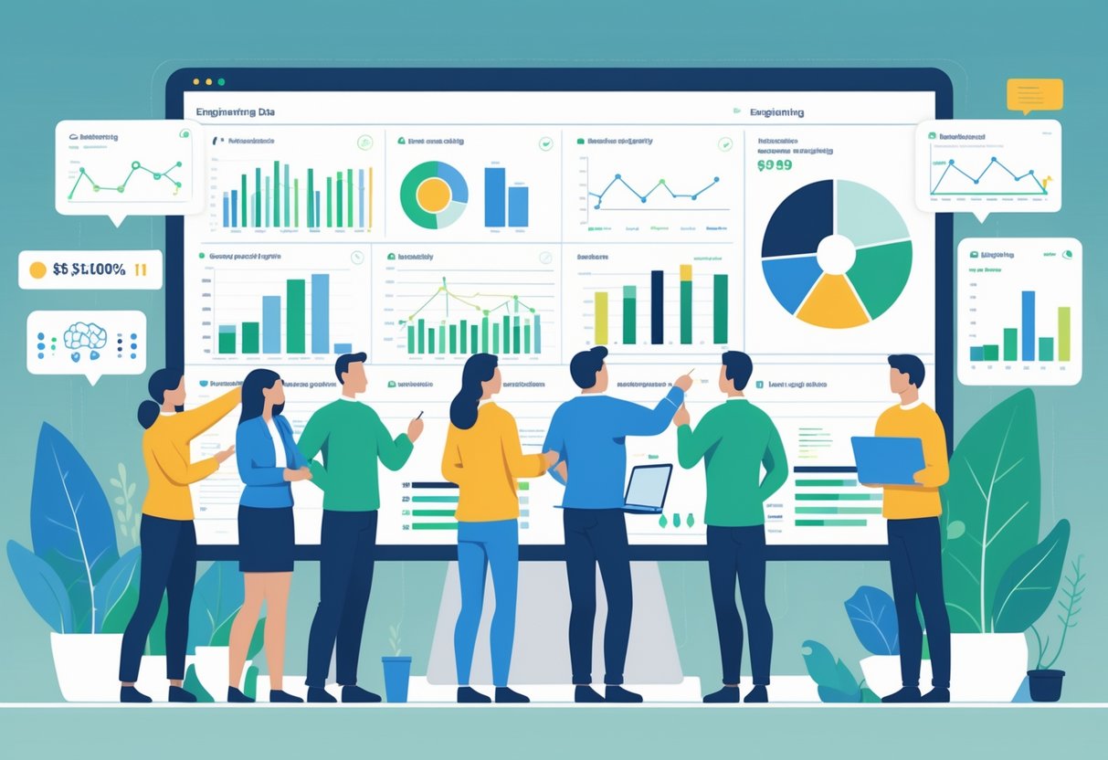 Engineers collaborating around a digital dashboard showing charts and graphs that link engineering performance metrics to business outcomes, with subtle AI icons in the background.