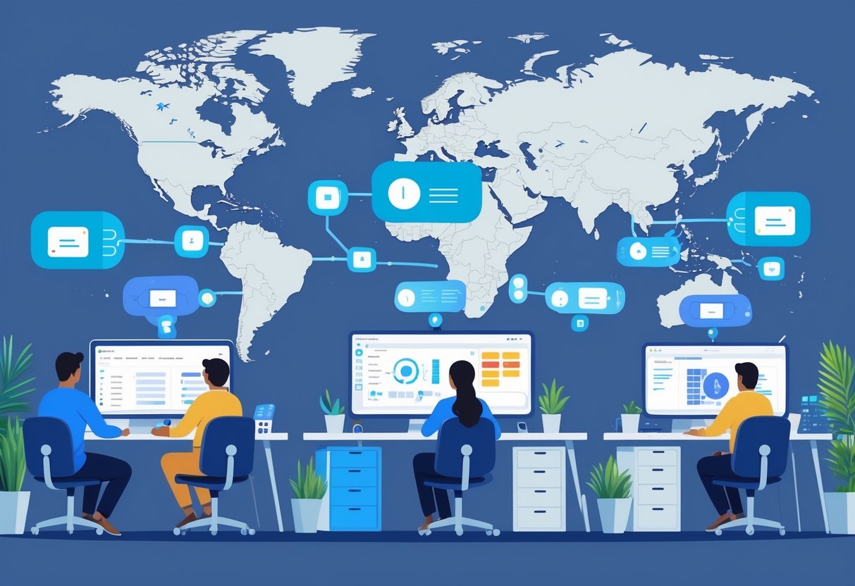 A group of remote engineers working from different home offices, connected through virtual communication tools and digital interfaces, collaborating effectively across locations.