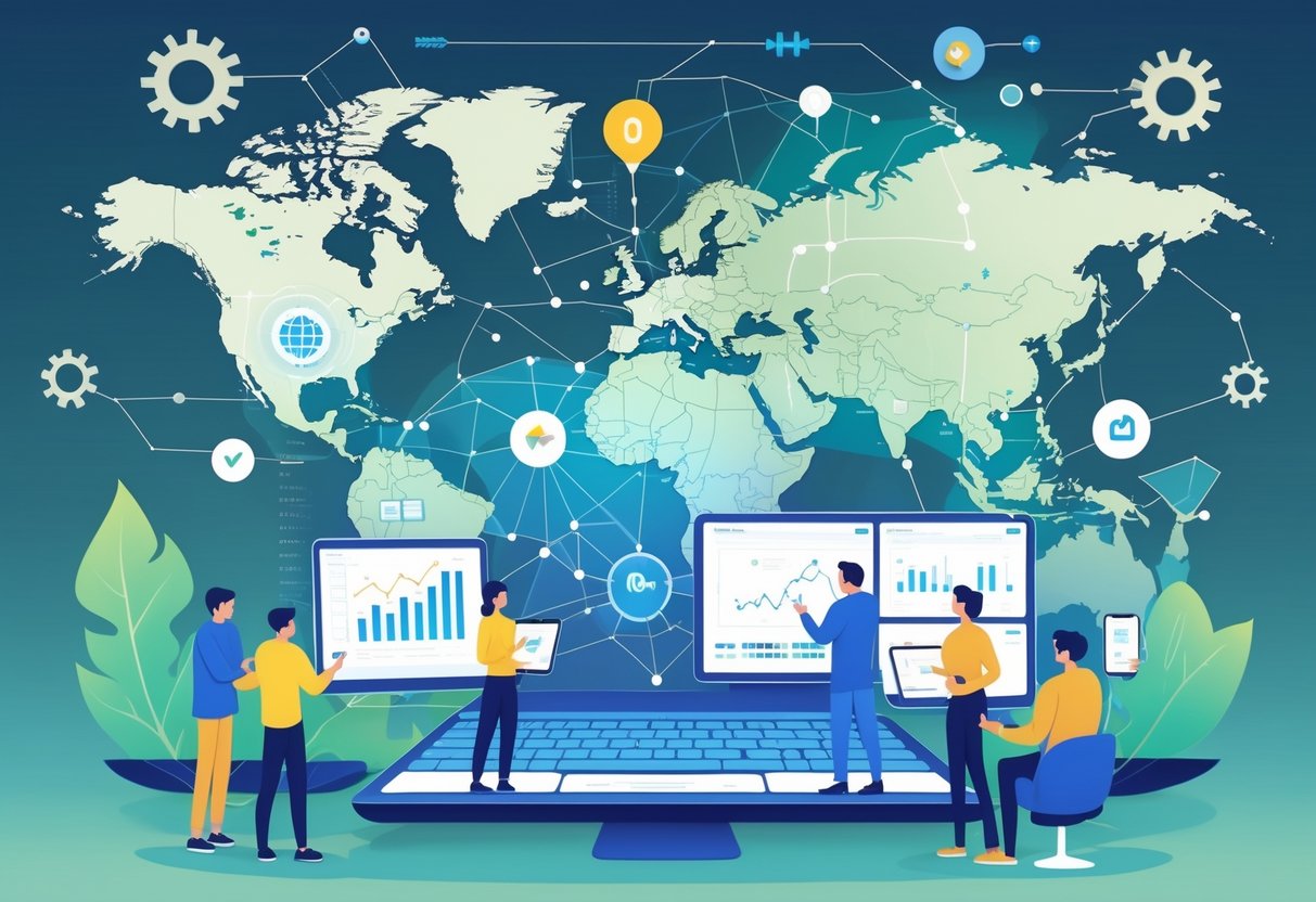 A remote engineering team collaborating through digital devices with holographic charts and feedback loops, connected globally to improve and scale their operations.