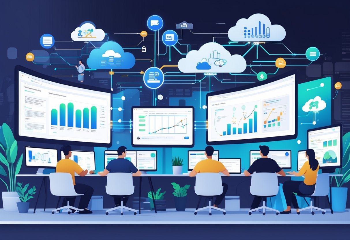 A diverse remote engineering team working together from different locations, connected through digital screens and technology, collaborating to manage growing operations.