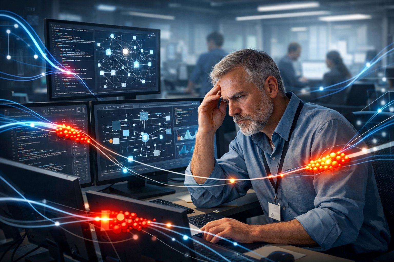 A senior engineer working at a desk with multiple computer screens showing complex data and diagrams, surrounded by abstract visuals representing slowed data flow and bottlenecks.