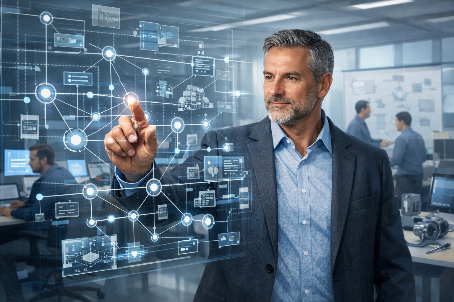 An experienced engineer working with digital diagrams and flowcharts in a modern office, overseeing complex systems and team collaboration.