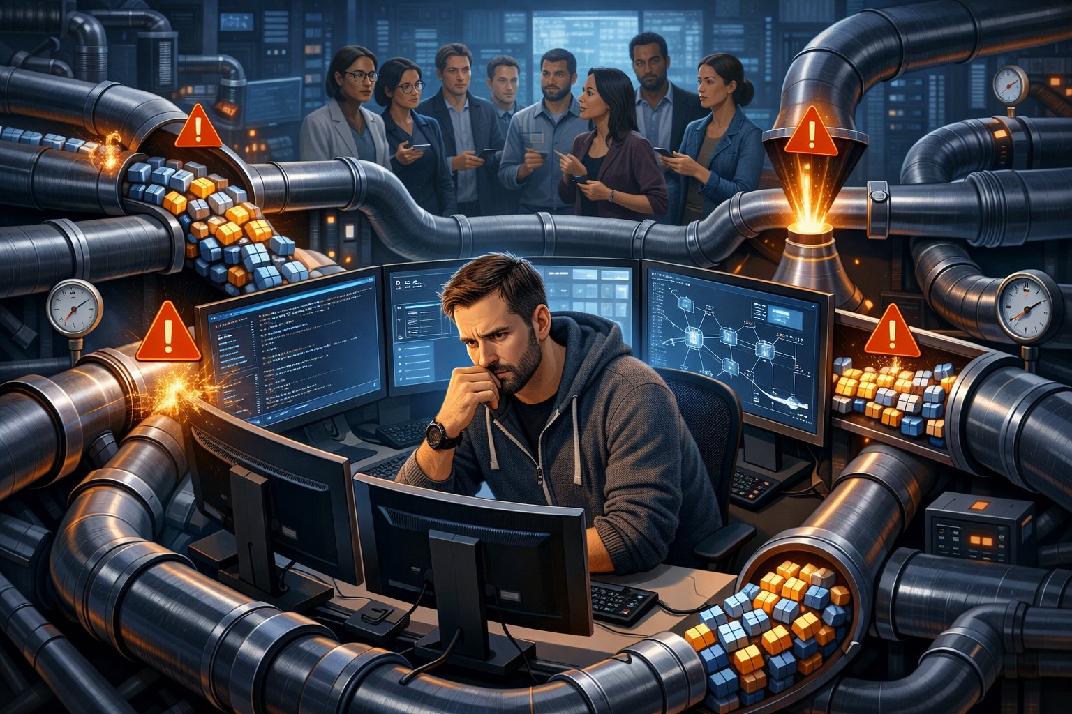 An engineer working at a desk surrounded by complex workflows and data bottlenecks, with a team of engineers collaborating in the background.