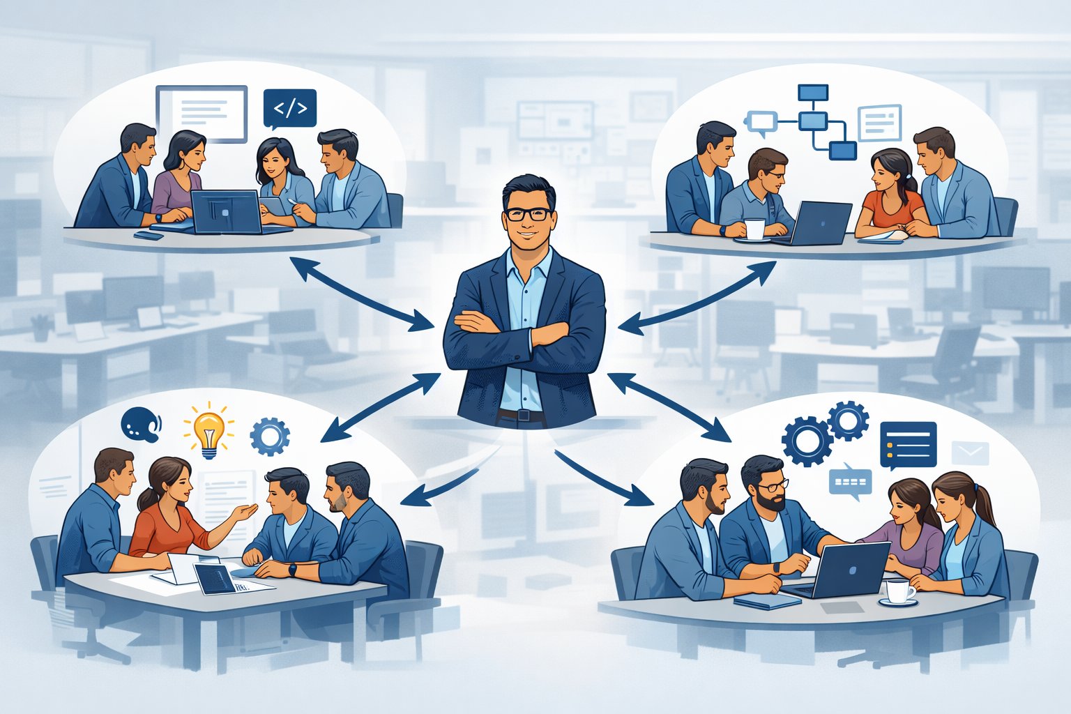 A staff engineer coordinating several groups of engineers working on technical tasks in an office setting.