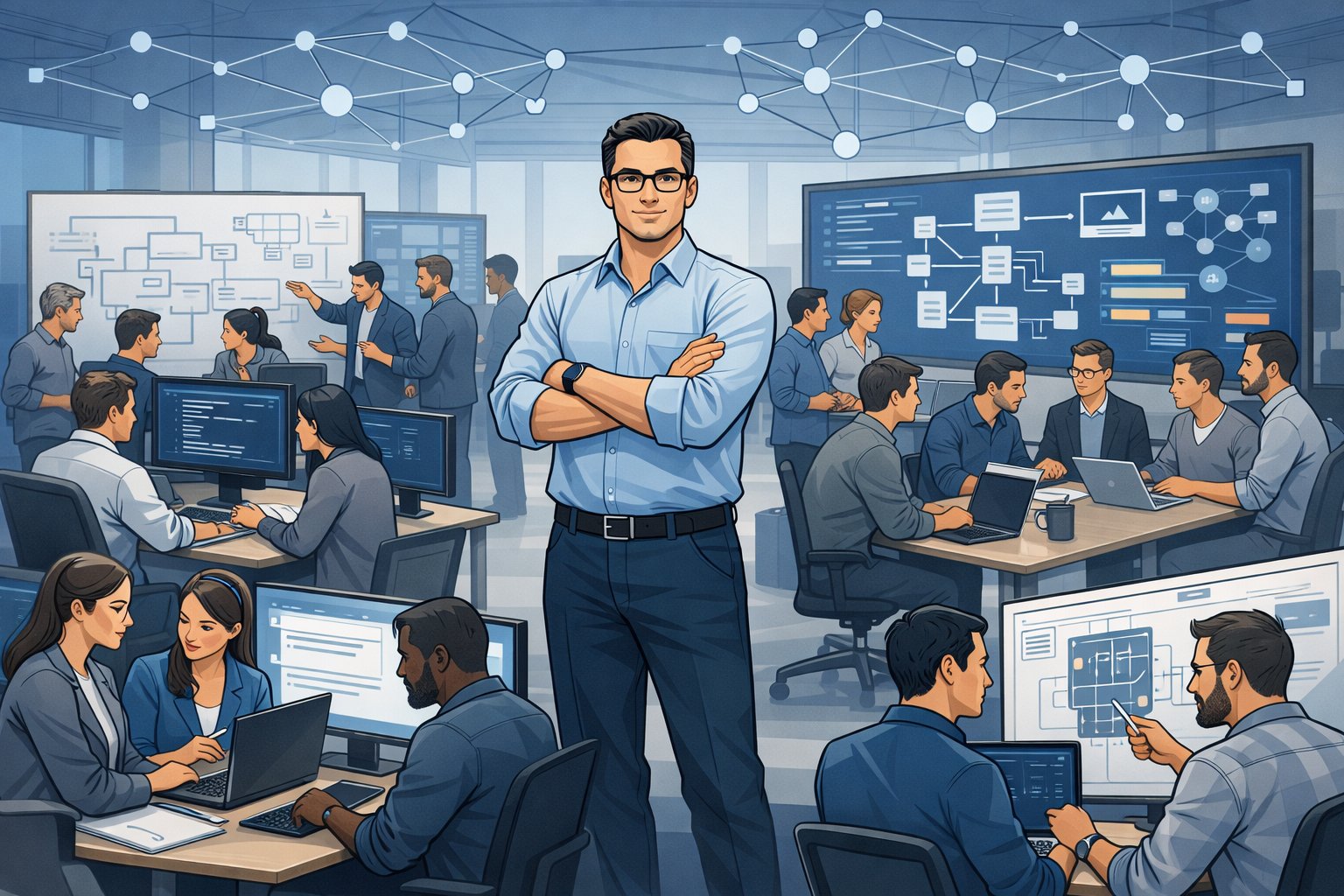 A Staff Engineer coordinating a large team of engineers working together in a modern office environment with computers, whiteboards, and digital displays.