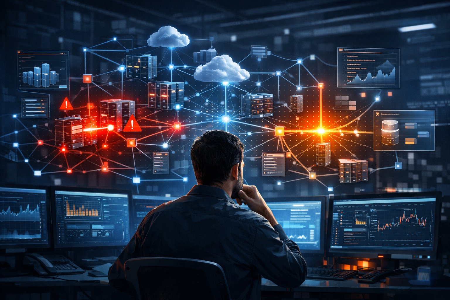 A person analyzing a complex network of servers and data flows with highlighted areas showing bottlenecks in a modern technology workspace.