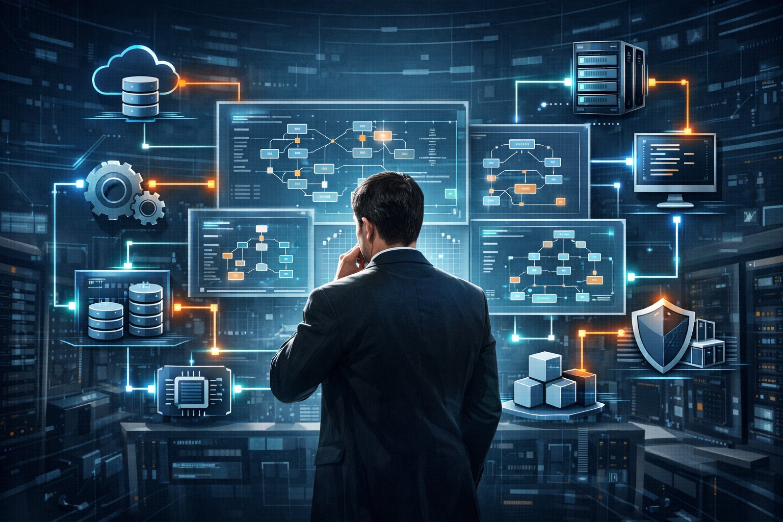 A person analyzing interconnected digital systems and diagrams in a high-tech control room, representing decision authority across multiple systems.