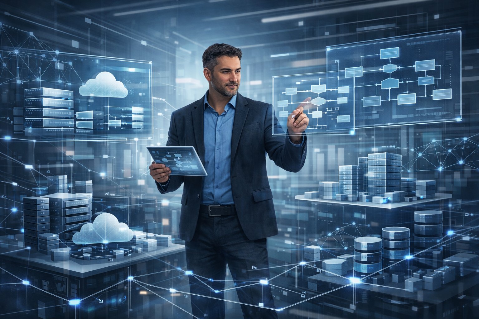 A person reviewing holographic data panels surrounded by interconnected digital nodes and scalable infrastructure elements in a modern office setting.