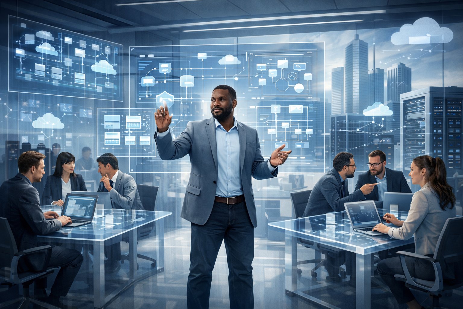 A system architect interacting with digital interfaces in a large office, surrounded by teams collaborating and elements representing enterprise-scale technology.