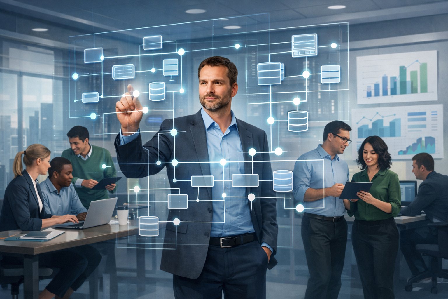 A system architect analyzing a digital interface with interconnected system components while team members collaborate in a modern office environment symbolizing organizational growth.