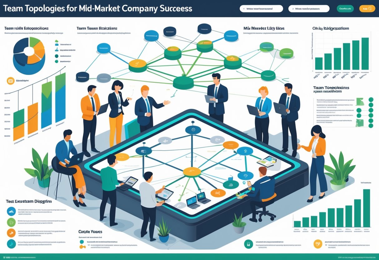 A group of professionals collaborating around a digital table showing interconnected team structures and workflows in a modern office setting.