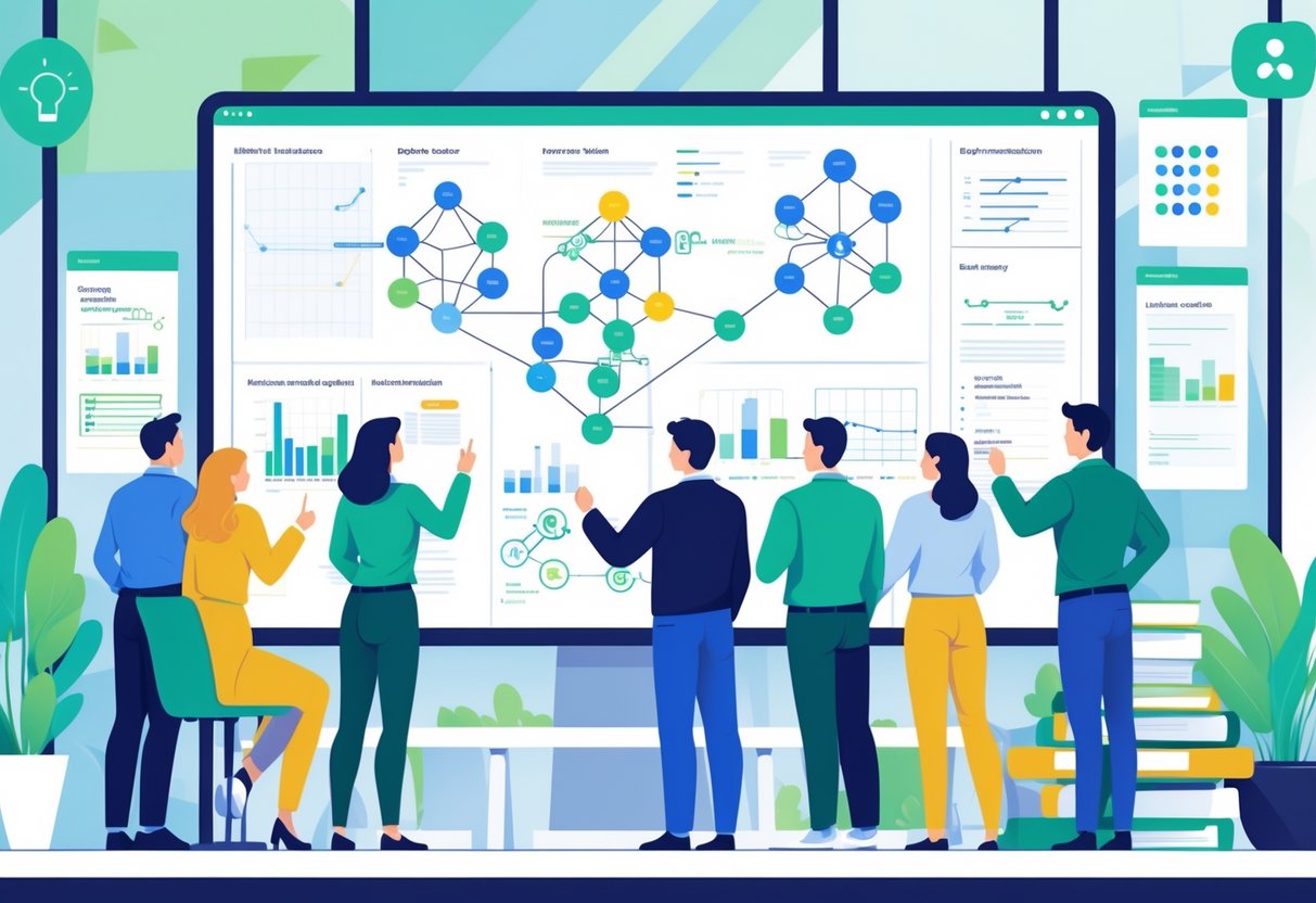 A group of diverse professionals collaborating around a digital screen showing team structures and growth strategies in a modern office setting.