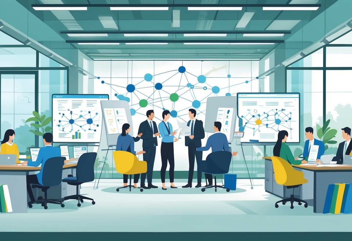 An office scene showing diverse professionals collaborating around workstations and whiteboards with diagrams representing team structures and communication pathways.
