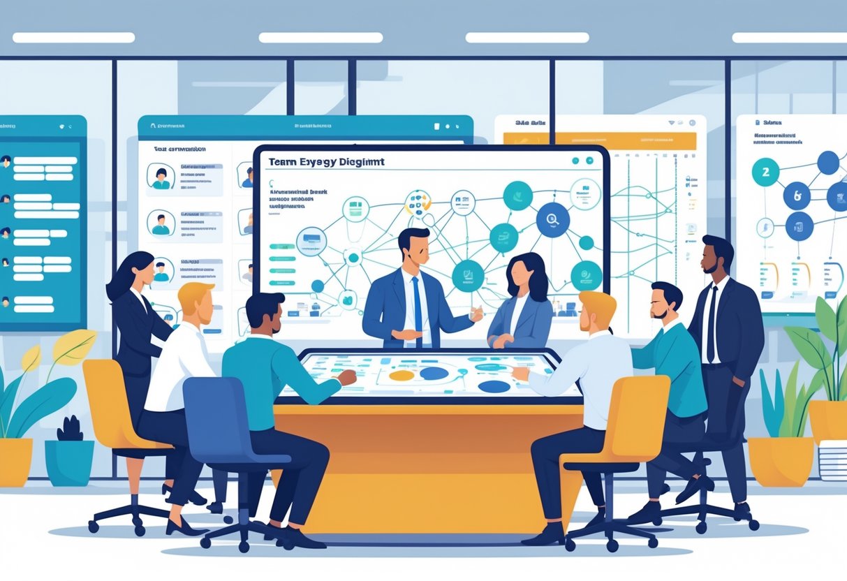 A group of business professionals collaborating around a digital table with charts and diagrams in a modern office setting focused on teamwork and strategy.