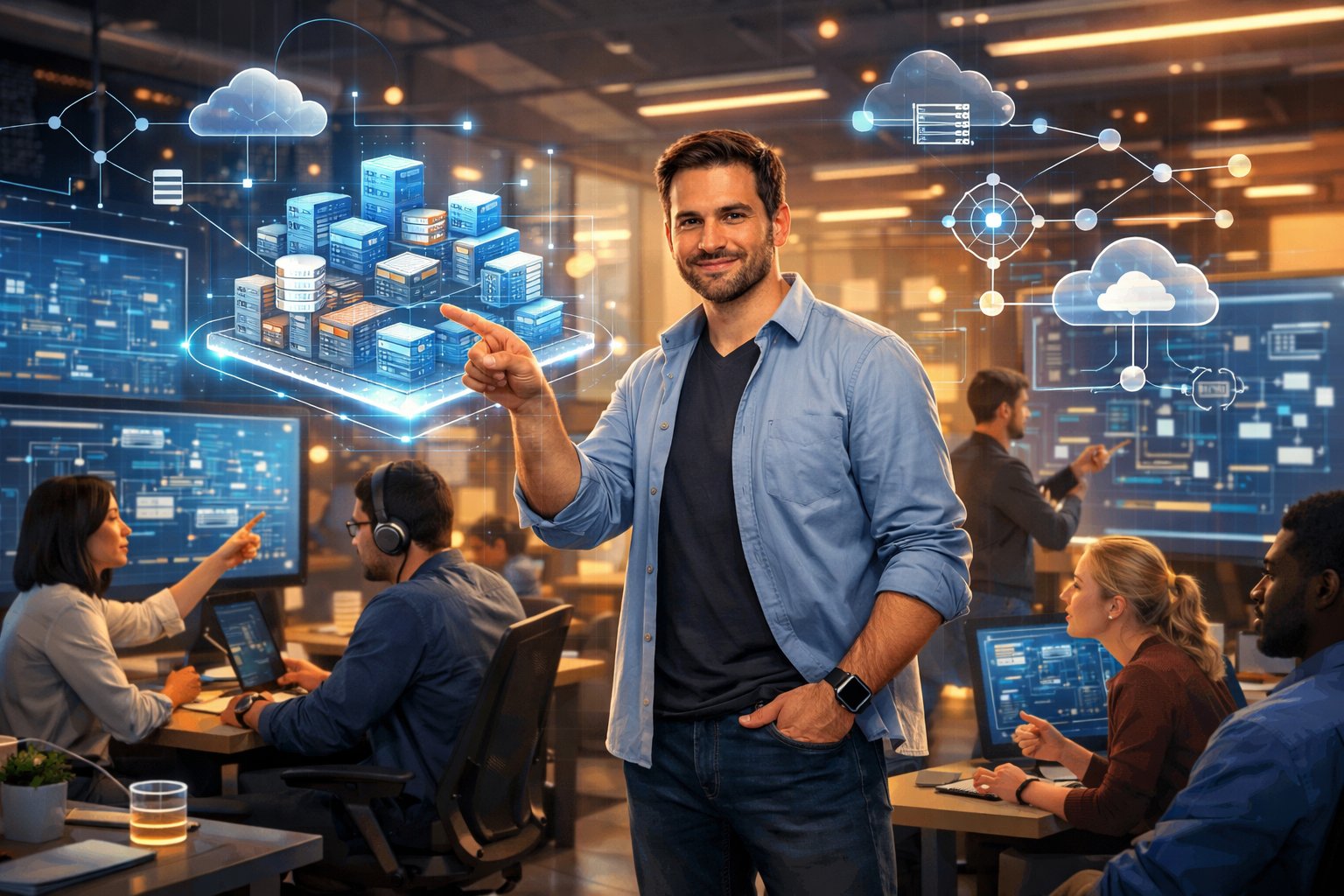 A tech lead guiding a diverse team in an office with digital screens showing software architecture and data flow visuals.