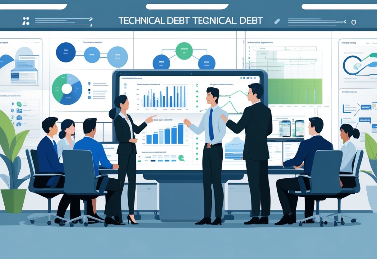 A group of professionals collaborating around a digital table displaying charts and lists, with executives listening attentively in a modern office setting focused on technical debt management.