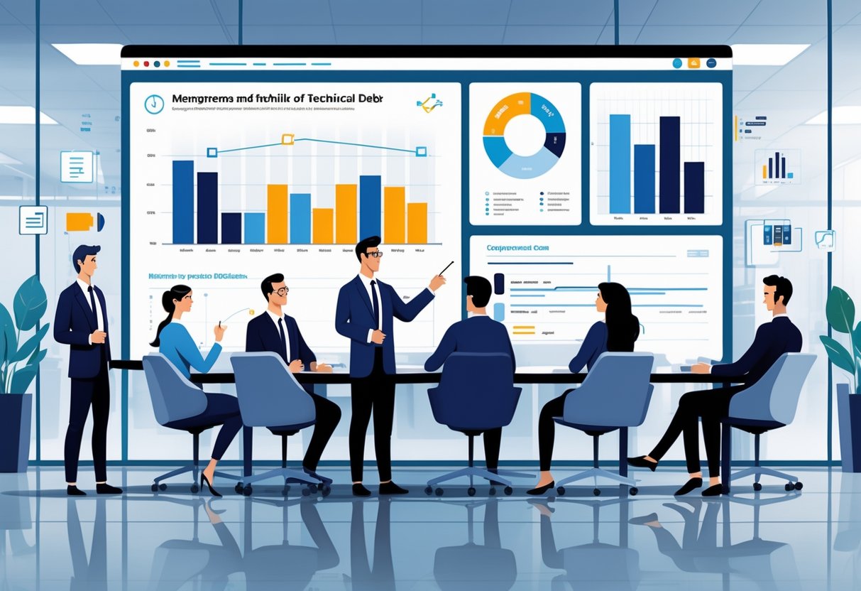 A group of executives and technical leaders in a meeting room discussing charts and data on a large screen, collaborating to manage technical debt.