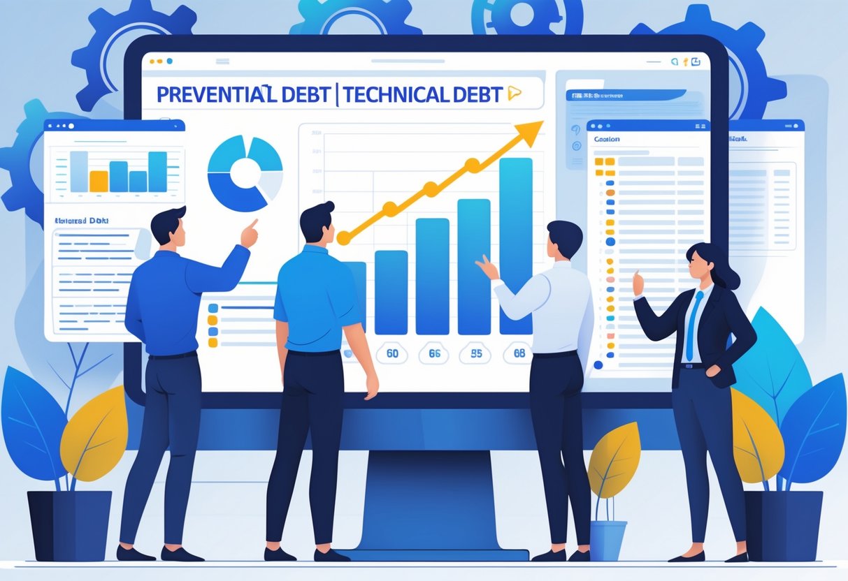 A team of professionals collaborating around a digital dashboard with charts and task lists, while an executive listens attentively, illustrating teamwork to manage and reduce technical debt.