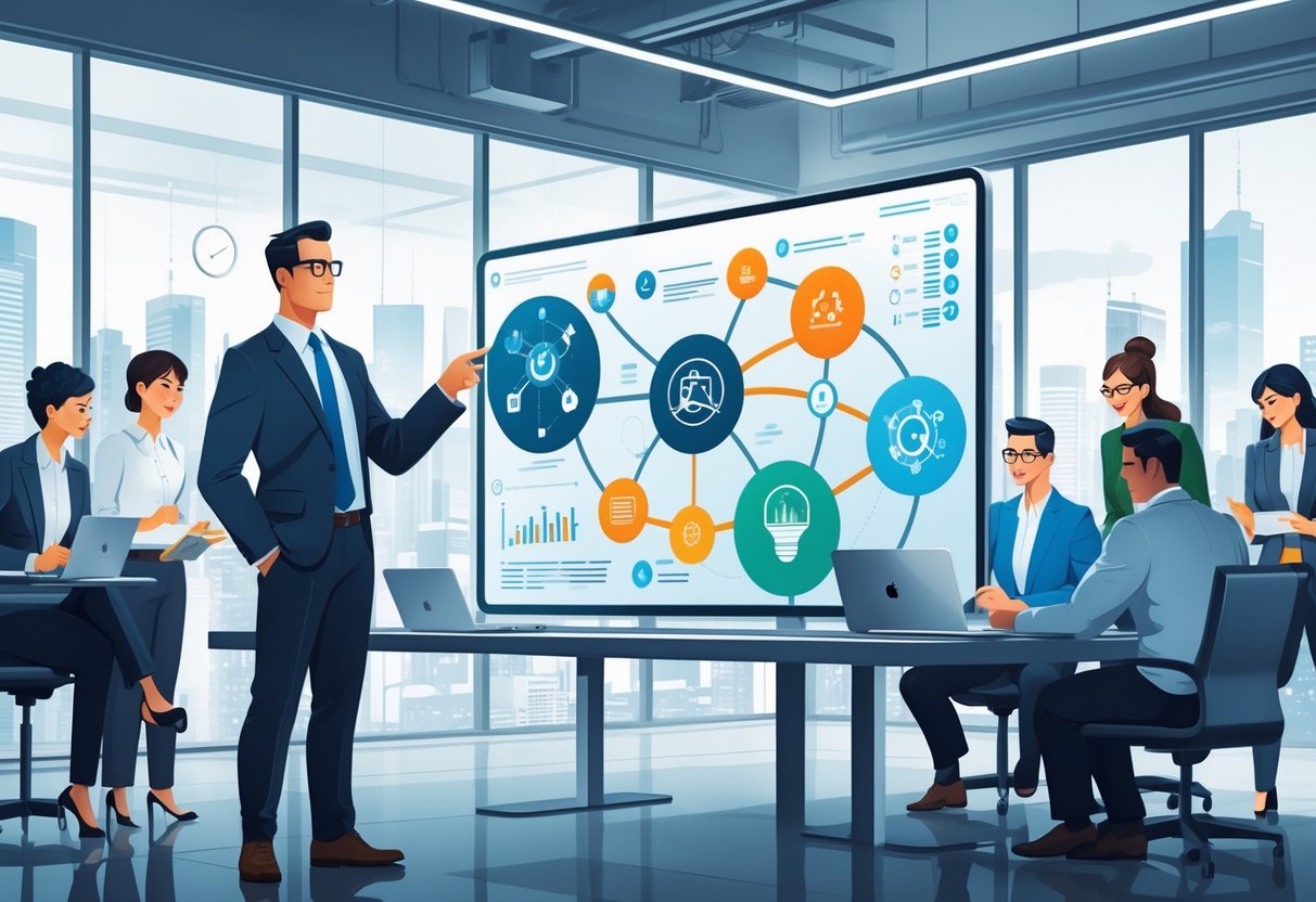 A CTO leads a team in a modern office, pointing at a digital display showing a technology roadmap while team members collaborate around a conference table.