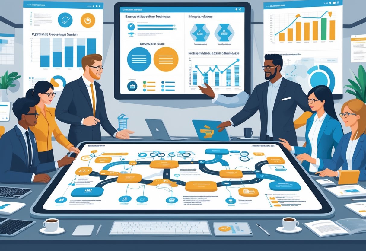 A group of professionals collaborating around a digital table displaying a technology roadmap aligned with business goals in a modern office.