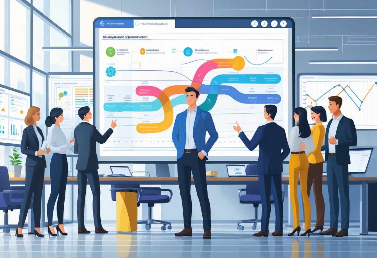 A CTO and a diverse team collaborating around a digital display showing a technology roadmap in a modern office setting.