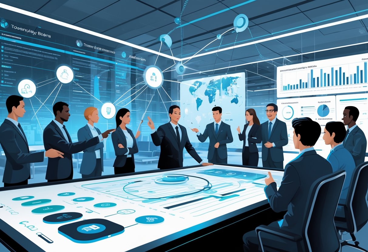 A CTO leads a team in a modern office, discussing technology roadmaps and risk management using digital charts and holographic displays.