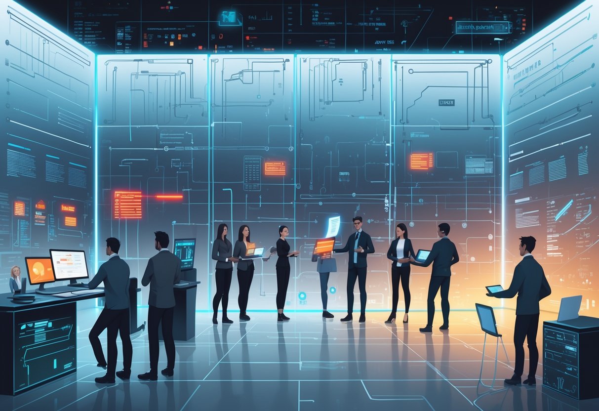 A group of engineers working on both sides of a large digital wall that represents a technical barrier, with some parts broken and others being repaired.