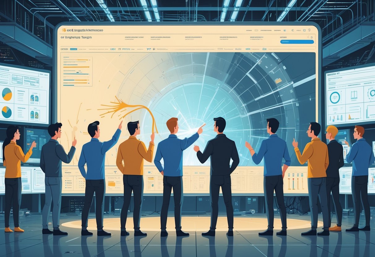 A group of 50 engineers working together around a large control panel showing signs of system strain and breakdown, with some engineers discussing solutions in a high-tech office.