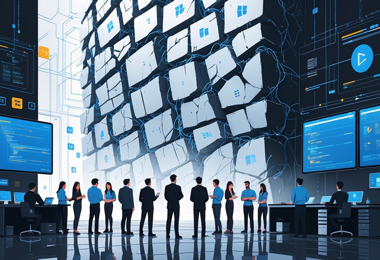 A group of engineers working together in front of a large cracked wall with broken digital components behind it, symbolizing a software system under strain and efforts to fix it.