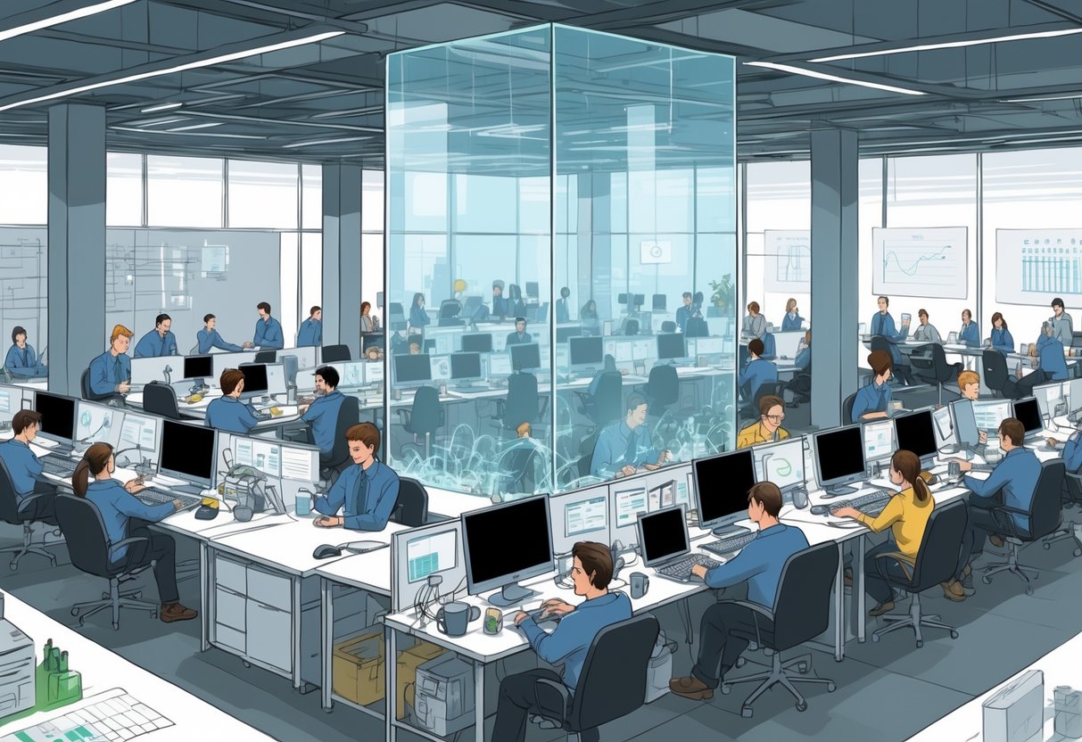An office scene showing many engineers separated by a glass wall; one side looks overwhelmed and chaotic, the other side calm and organized, illustrating challenges and solutions in scaling engineering teams.