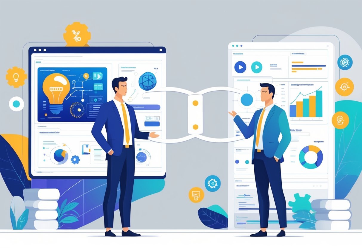 Two professionals standing side by side, one representing a CTO with futuristic technology visuals, the other a VP of Engineering managing a team of engineers, with symbols showing their roles and collaboration.