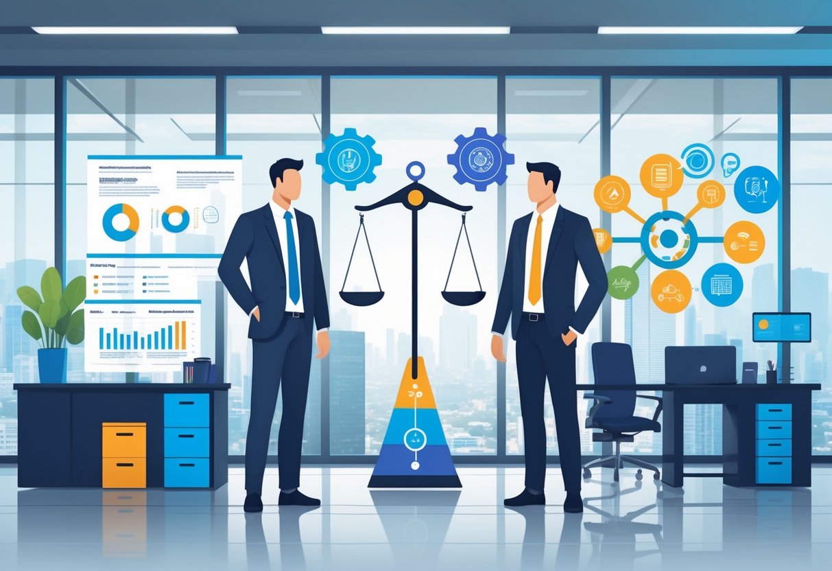 Two professionals in an office setting representing VP of Engineering and CTO, with symbols of strategic planning and technical innovation between them.