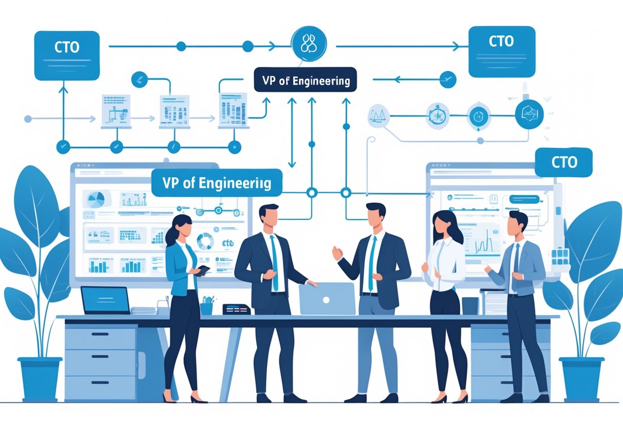 An illustration showing two leaders in a tech company connected by reporting lines, with one managing engineering teams and the other focusing on technology strategy.