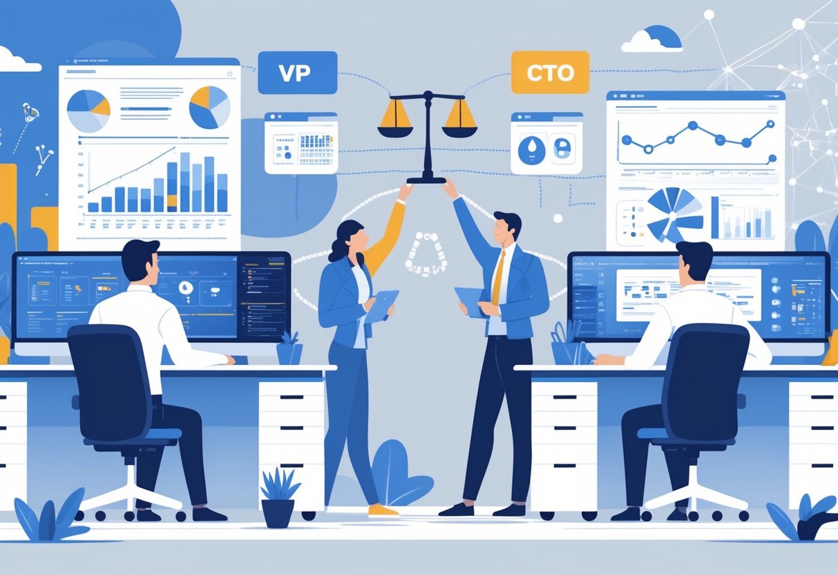 Two office workspaces side by side showing a VP of Engineering leading engineers working on code and a CTO analyzing data and technology strategy, connected by a visual element symbolizing balance and collaboration.